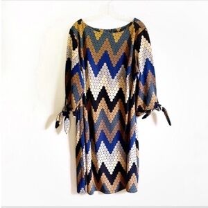 ILE New York dress blue tan chevron dots tie sleeves